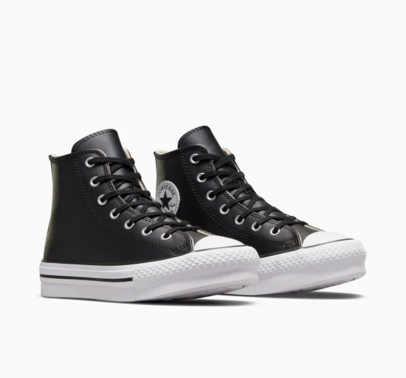 Black Converse Chuck Taylor All Star Lift Leather Kids' Platform Sneakers | NZ OPFLM9567