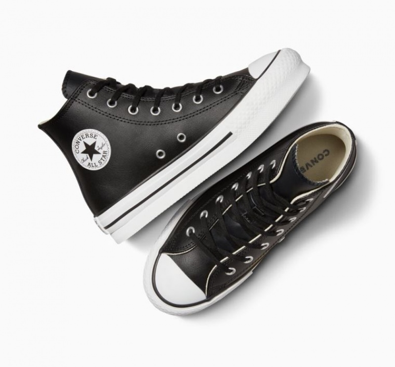 Black Converse Chuck Taylor All Star Lift Leather Kids' Platform Sneakers | NZ OPFLM9567