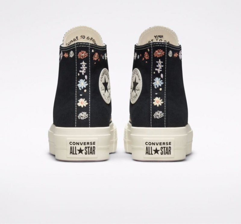 Black Converse Chuck Taylor All Star Lift Embroidered Floral Women's Platform Sneakers | NZ JMYEL4627