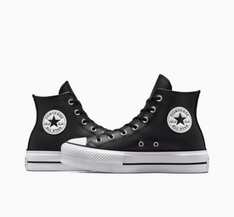 Black Converse Chuck Taylor All Star Lift Leather Women's Platform Sneakers | NZ BQPEN7652