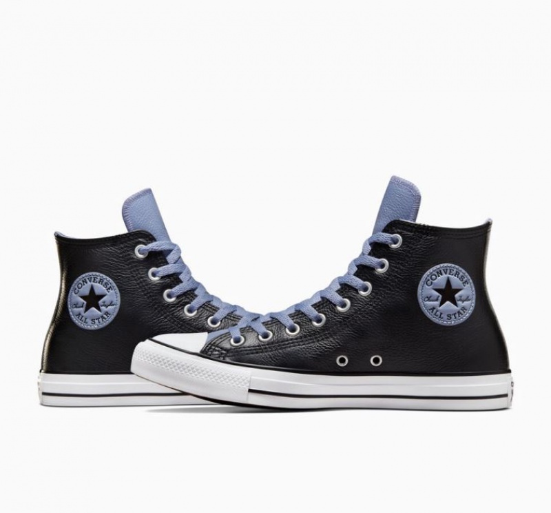 Black / Blue Converse Chuck Taylor All Star Leather Men's High Tops | NZ VWERG8731