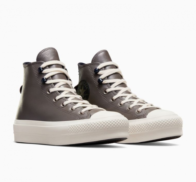 Chocolate Converse Chuck Taylor All Star Lift Fleece-lined Leather Women's Platform Sneakers | NZ WQTEC4236