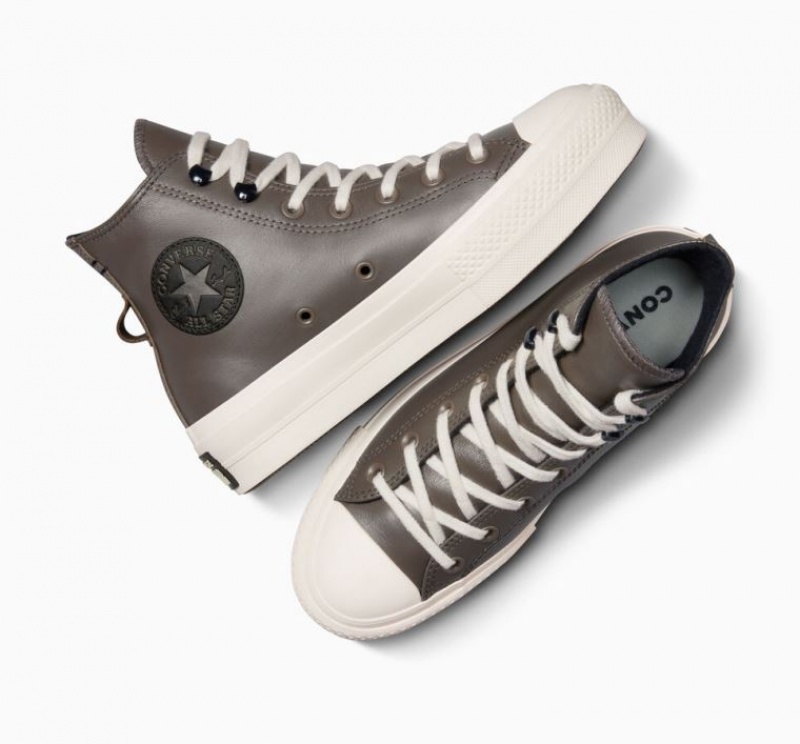 Chocolate Converse Chuck Taylor All Star Lift Fleece-lined Leather Women's Platform Sneakers | NZ WQTEC4236