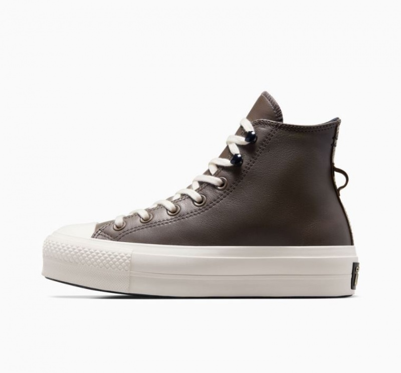 Chocolate Converse Chuck Taylor All Star Lift Fleece-lined Leather Women's Platform Sneakers | NZ WQTEC4236