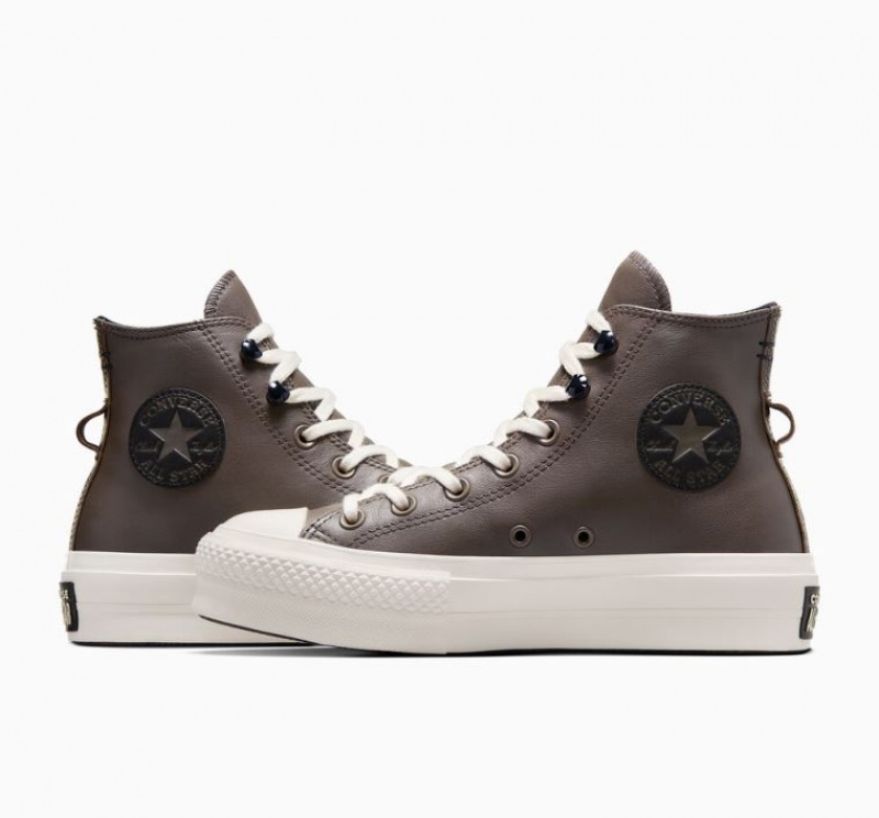 Chocolate Converse Chuck Taylor All Star Lift Fleece-lined Leather Women's Platform Sneakers | NZ WQTEC4236