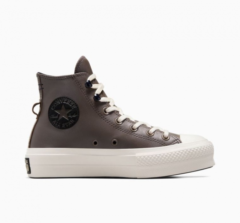 Chocolate Converse Chuck Taylor All Star Lift Fleece-lined Leather Women\'s Platform Sneakers | NZ WQTEC4236