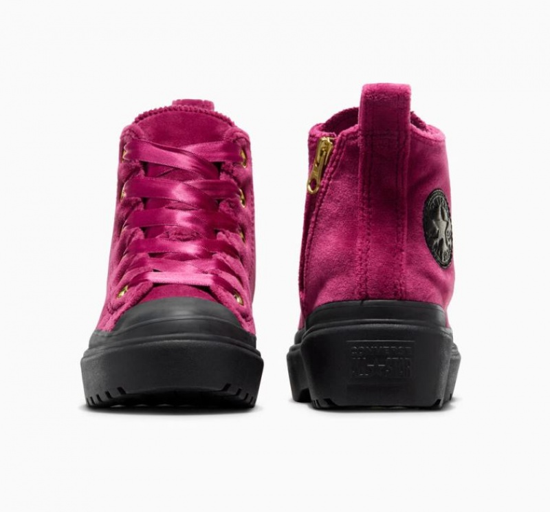 Fuchsia Converse Chuck Taylor All Star Lugged Lift Velvet Kids' Platform Sneakers | NZ CBPFD0954