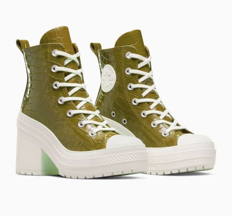 Olive Converse Chuck 70 De Luxe Heel Embossed Women's High Tops | NZ CALRF2186