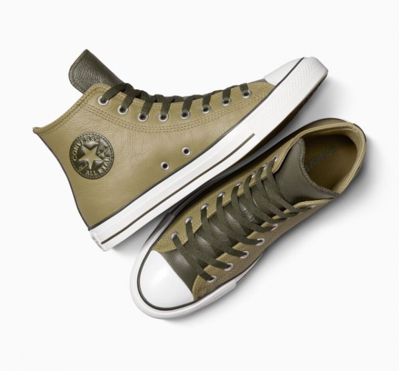 Olive Converse Chuck Taylor All Star Leather Men's High Tops | NZ MPAQD6934