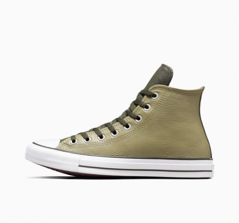 Olive Converse Chuck Taylor All Star Leather Men's High Tops | NZ MPAQD6934