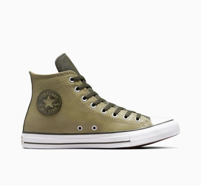 Olive Converse Chuck Taylor All Star Leather Men\'s High Tops | NZ MPAQD6934