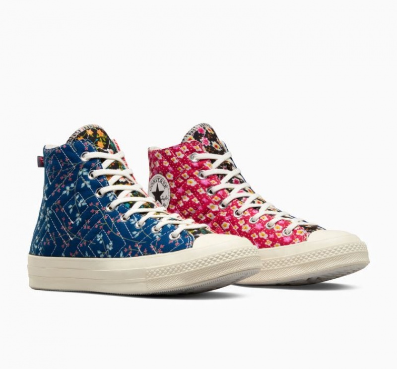 Red / Blue Converse Upcycled Floral Chuck 70 Men's High Tops | NZ MBLZI8102