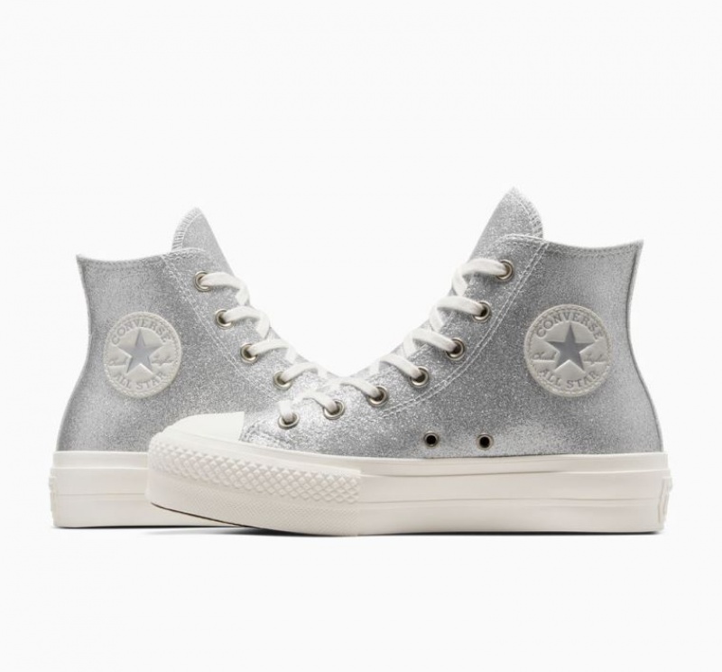 Silver Converse Chuck Taylor All Star Lift Glitter Women's Platform Sneakers | NZ ZADQX5782